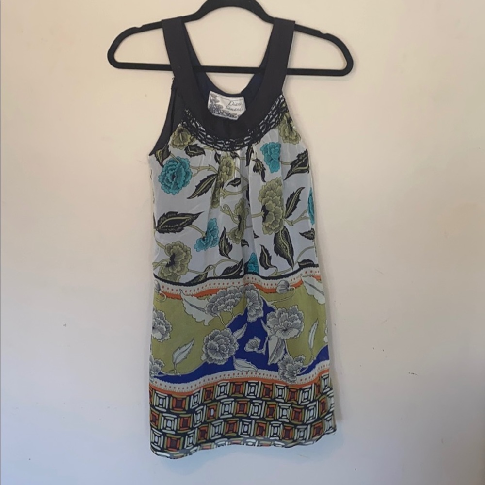 Silk Vintage Print Mini Dress Crochet Detail  S